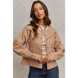 Mini Checkered Button Down Ruffled Jacket: BROWN )