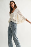 Boho Embroidered Sheer Blouse Flowy Bell Sleeves: CREAM