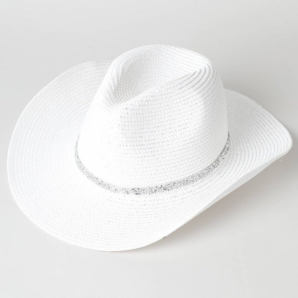 Rhinestone Band Straw Panama Cowboy Hat: ONE SIZE / White