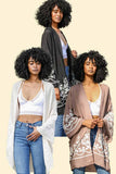 Embroidered Floral Vine Lightweight Kimono - Long Sleeve: Cream