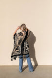 Western Velvet Mesh Tapestry Tassel Kimono: Black