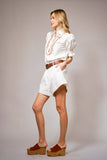 Embroidered Scallop Collar Puff Sleeve Top: OFF WHITE