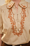 Embroidered Scallop Collar Puff Sleeve Top: TAUPE