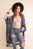 Western Velvet Mesh Tapestry Tassel Kimono: Blue
