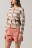 Horse Jacquard Striped Crew Neck Cardigan: Pink