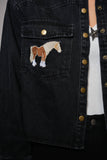 Horse Embroidered Cropped Denim Shirt: WASHED BLACK