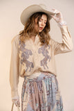 Horse Embroidered Button Blouse: SAND