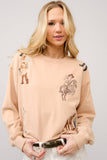 Western Motif Embroidered Graphic Sweatshirt: Tan
