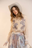 Horse Embroidered Button Blouse: SAND