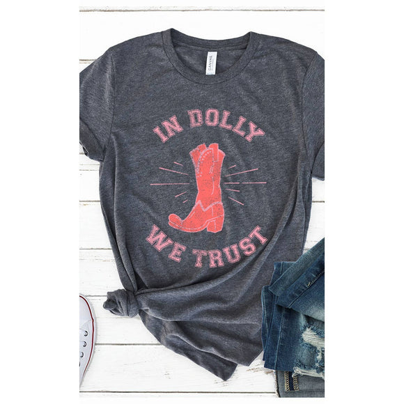 Retro In Dolly We Trust Cowboy Boot Western Graphic Tee: HEATHER CHARCOAL / S