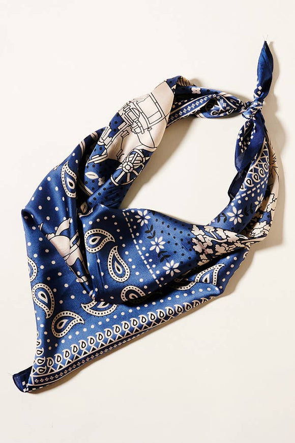 Paisley with Illust Print Square Silky Scarf: Navy