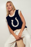 Western Horseshoe Crochet Knit Ribbed Trim Sweater Vest: NAVY
