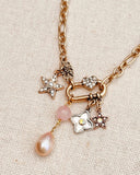 Rose Quartz Gemstone Charm Necklace with Pearl – Gold