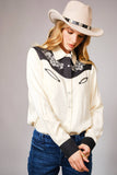 Embroidered Contrast Yoke Western Shirt: CREAM BLACK