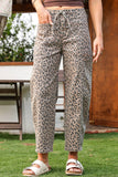 Fashion-W Leopard Drawstring Waist Pocketed Wide Leg Jeans
