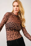 Leopard Mesh Mock Neck Fitted Top: LEOPARD