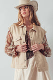 Western Sunset Embroidered Denim Vest: OATMEAL
