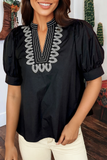 Western Puff Sleeve Contrast Embroidered Detail Blouse: Black