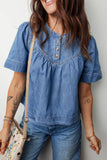 Seam Pleated Detail Half Button Short Sleeve Denim Top: Blue