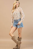 ANGIE WESTERN BOOTS PRINT SEMI SHEER MESH TOP: Beige