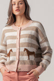 Horse Jacquard Striped Crew Neck Cardigan: Pink