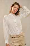 Ruffle Neck Denim Snap Button Shirt: WASHED BLUE