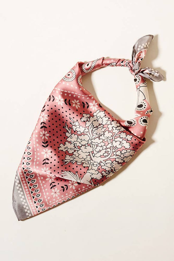 Paisley with Illust Print Square Silky Scarf: Pink
