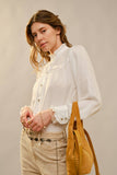 Ruffle Neck Denim Snap Button Shirt: WASHED BLUE