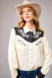 Embroidered Contrast Yoke Western Shirt: CREAM BLACK