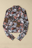 Boho Floral Print Mock Neck Short Sleeve Mesh Top: Brown