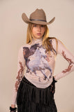 Horse Pack Print Pearl Edge Mesh Top: SAND