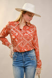 Western Printed Long Sleeve Button-Up Shirt: OFF WHITE RUST