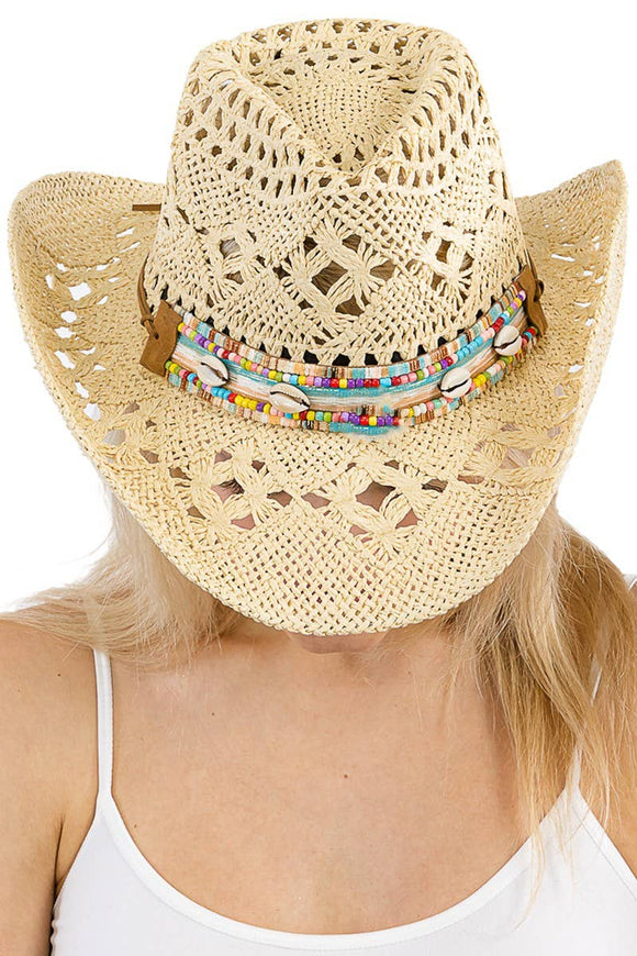 Coastal Cowgirl Boho Shell Woven Cowboy Hat: Beige