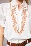 Embroidered Scallop Collar Puff Sleeve Top: OFF WHITE
