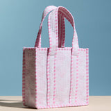 Pink Shell Quilted Mini Tote Bag – Lightweight Floral Striped Everyday Handbag: Pink