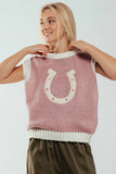 Western Horseshoe Crochet Knit Ribbed Trim Sweater Vest