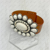 Brown leather with large blue turquoise stone oval concho bracelet