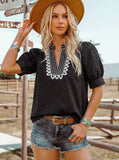 Western Puff Sleeve Contrast Embroidered Detail Blouse: Black