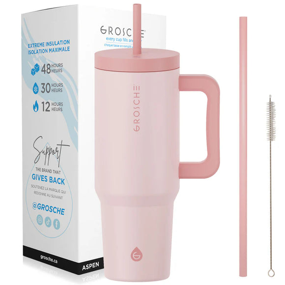 Grosche - ASPEN Insulated Tumbler with Handle and Straw, 40oz - Peach Rose Pink