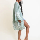 Embroidered Floral Vine Lightweight Kimono - Sage