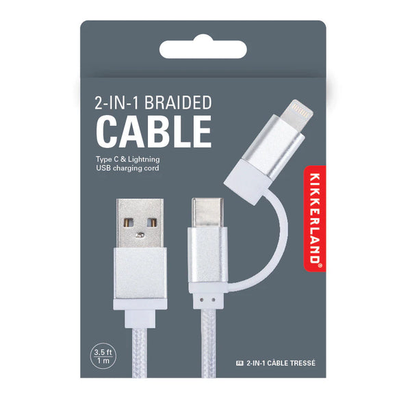 Silver 2 in 1 Braided Cable - Type C &Lightning USB Charging cord