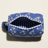 Blue Quilted Floral Cosmetic Pouch – Zipper Makeup Bag with Tassel: Blue