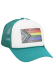 Bling Rainbow Pride Flag Two Tone Sponge Trucker Hat: White/Teal