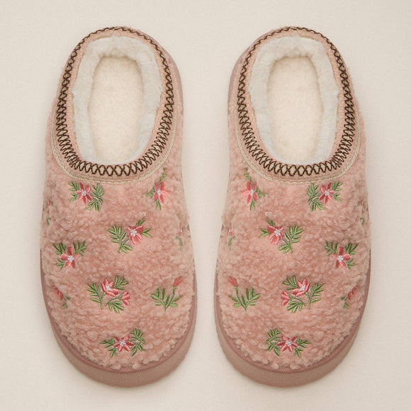 Fleece-Lined Floral Slippers with Embroidered Detail