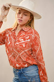 Western Printed Long Sleeve Button-Up Shirt: OFF WHITE RUST