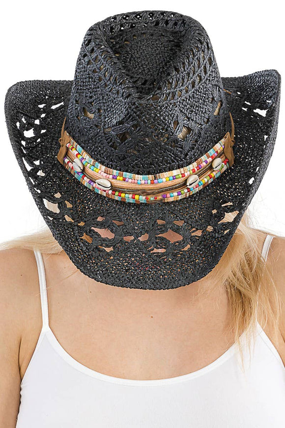 Coastal Cowgirl Boho Shell Woven Cowboy Hat: Black