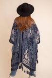 Western Velvet Mesh Tapestry Tassel Kimono: Blue