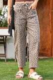 Fashion-W Leopard Drawstring Waist Pocketed Wide Leg Jeans