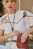 Embroidered Shoulder Western Yoke T-Shirt: OFF WHITE