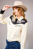 Embroidered Contrast Yoke Western Shirt: CREAM BLACK